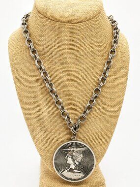 VINTAGE MARIANNE NECKLACE French Republic Medallion Silver Tone Chunky Chain